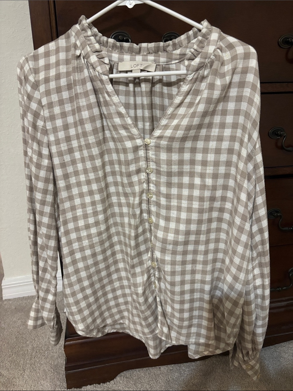 LOFT Taupe and White Gingham Button-Front Blouse